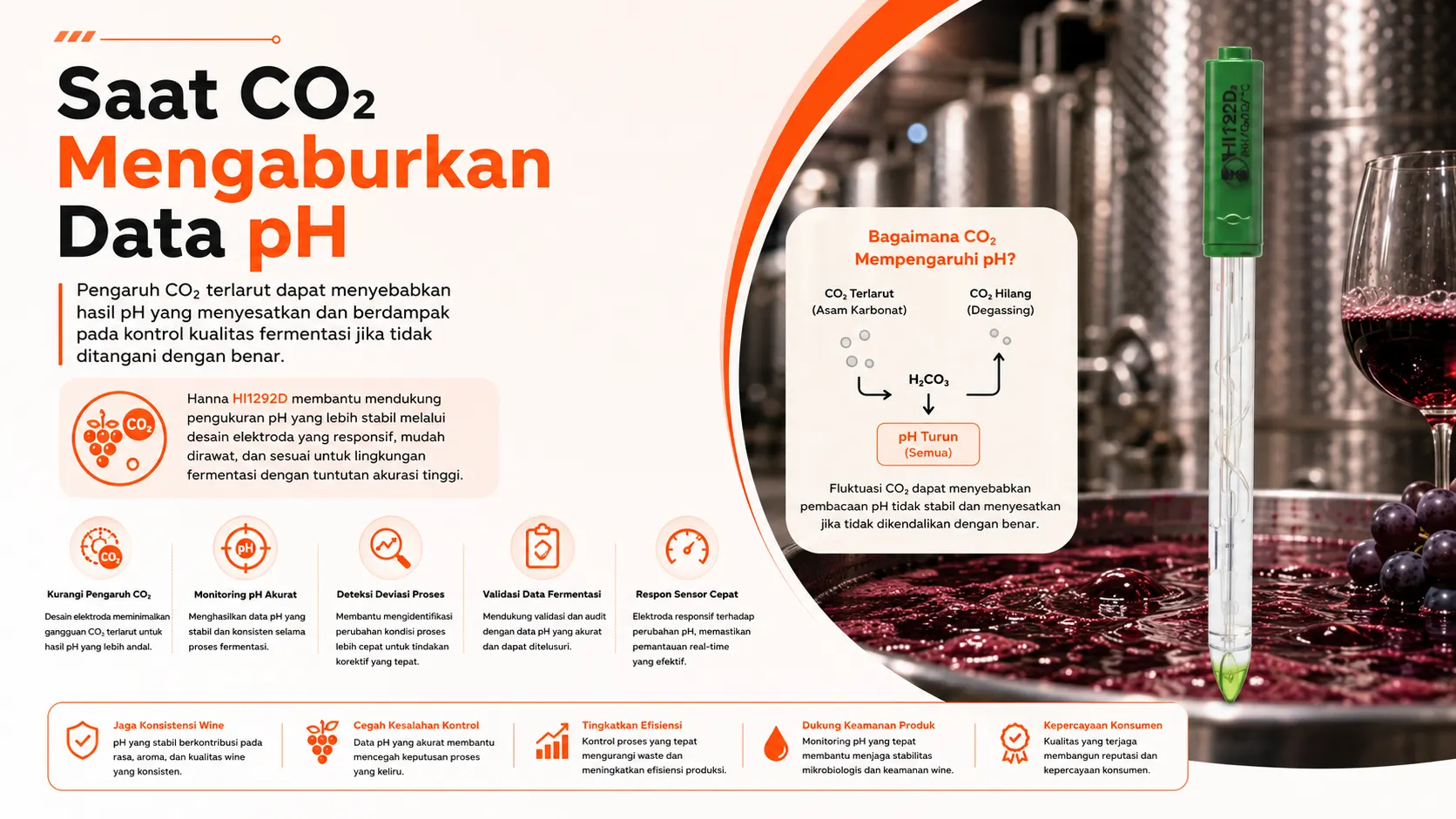 alat ukur pH akurat dengan Hanna HI1292D untuk kontrol kualitas fermentasi