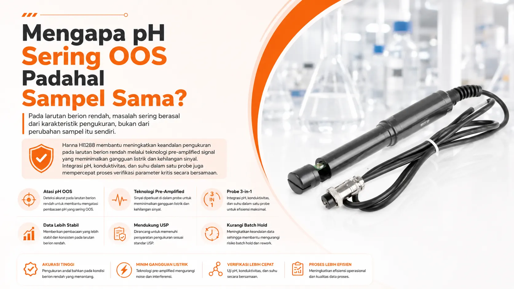 Alat Ukur pH HANNA INSTRUMENT HI1288 - Probe pH meter untuk larutan ion rendah, akurat dan stabil sesuai USP.