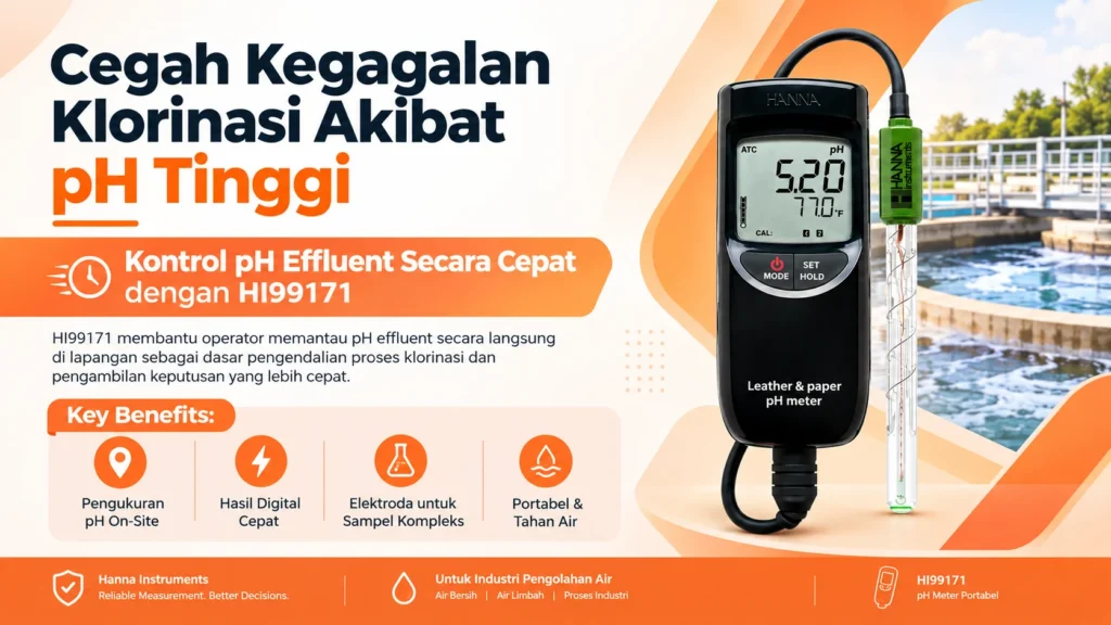 Cegah Kegagalan Klorinasi Akibat pH Tinggi ukur dengan HI99171 membantu operator memantau pH effluent secara langsung di lapangan sebagai dasar pengendalian proses klorinasi dan pengambilan keputusan yang lebih cepat.