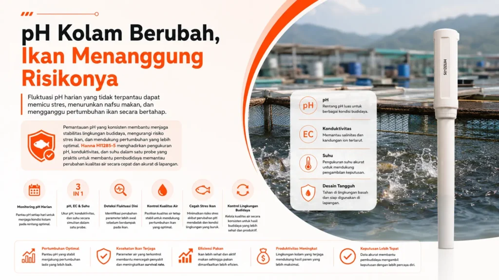 monitoring fluktuasi pH kolam ikan menggunakan Hanna Instrument HI1285-5