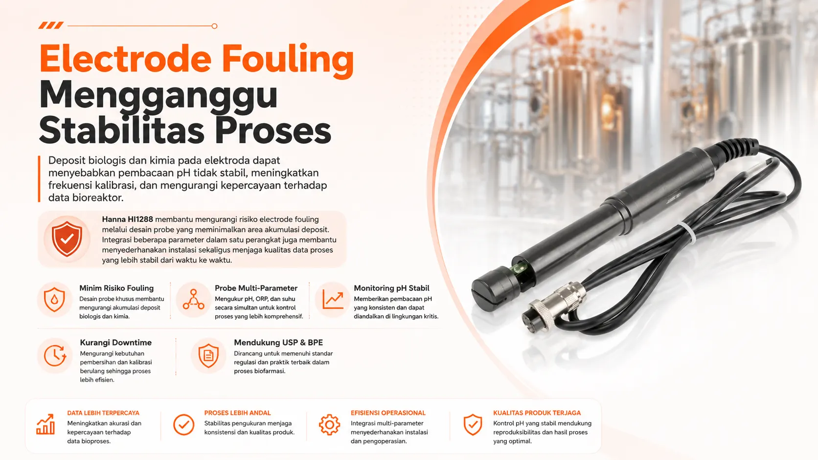Alat Ukur pH Hanna Instrument HI1288 - Probe multiparameter untuk memantau pH, EC, dan suhu di bioreaktor