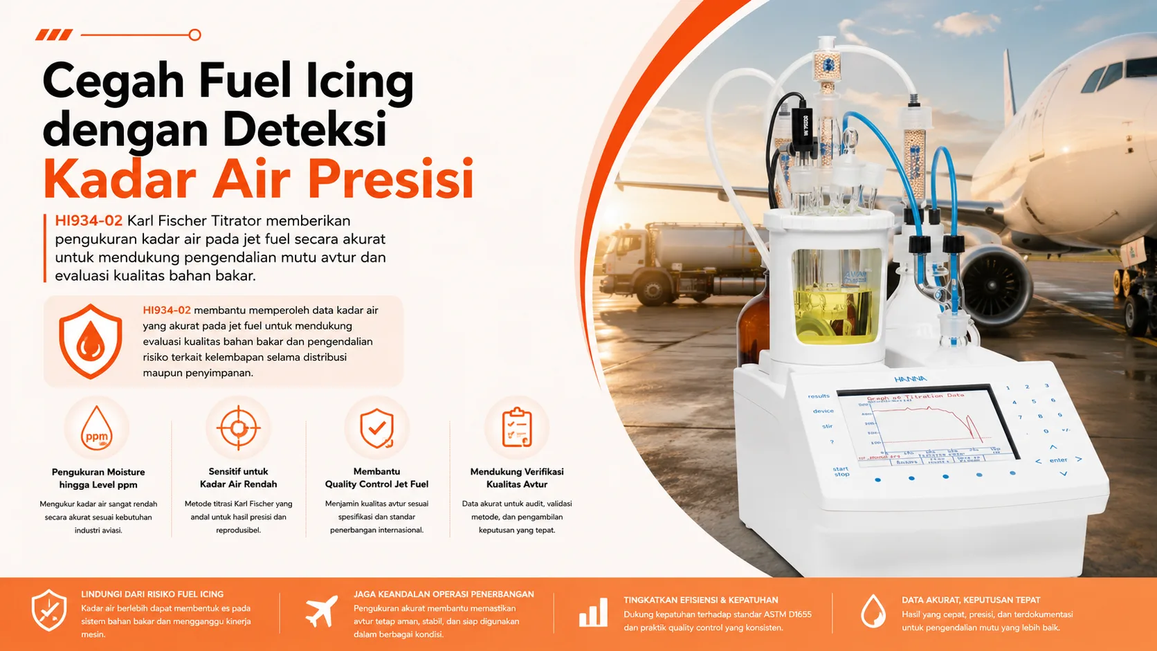 ukur tingkat kadar air menggunakan HI934-02 Titrator untuk mencegah fuel icing pada jet fuel