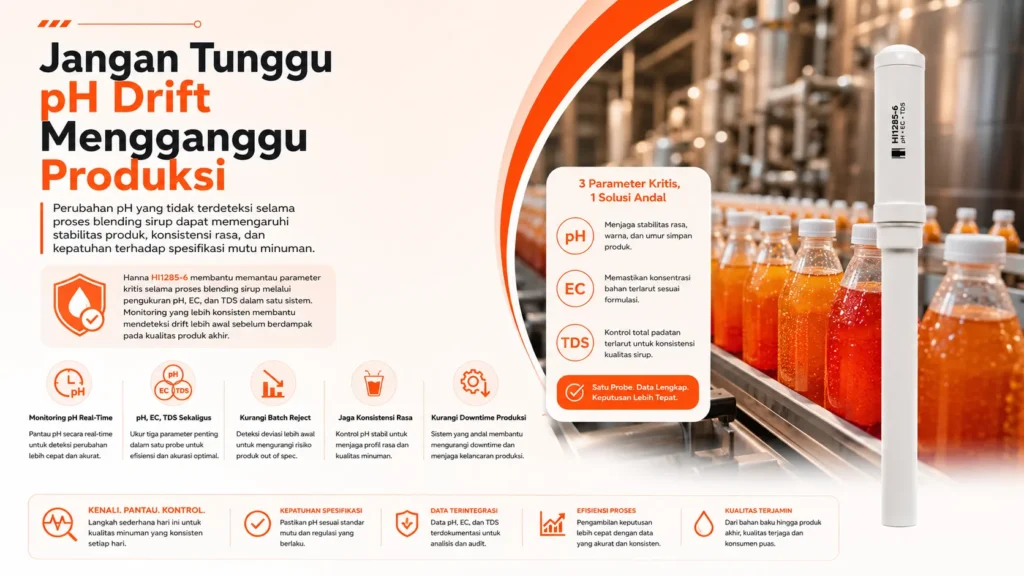 konrtol pH menggunakan Hanna Instrument HI1285-6 untuk mencegah pH Drift pada Blending Sirup