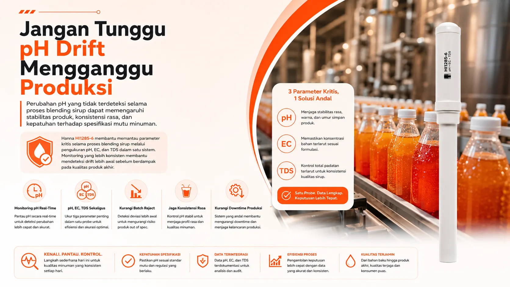 konrtol pH menggunakan Hanna Instrument HI1285-6 untuk mencegah pH Drift pada Blending Sirup