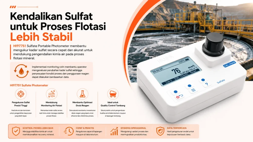 HI97751 Sulfate Portable Photometer membantu mengukur kadar sulfat secara cepat dan akurat untuk mendukung pengendalian kimia air pada proses flotasi mineral.
