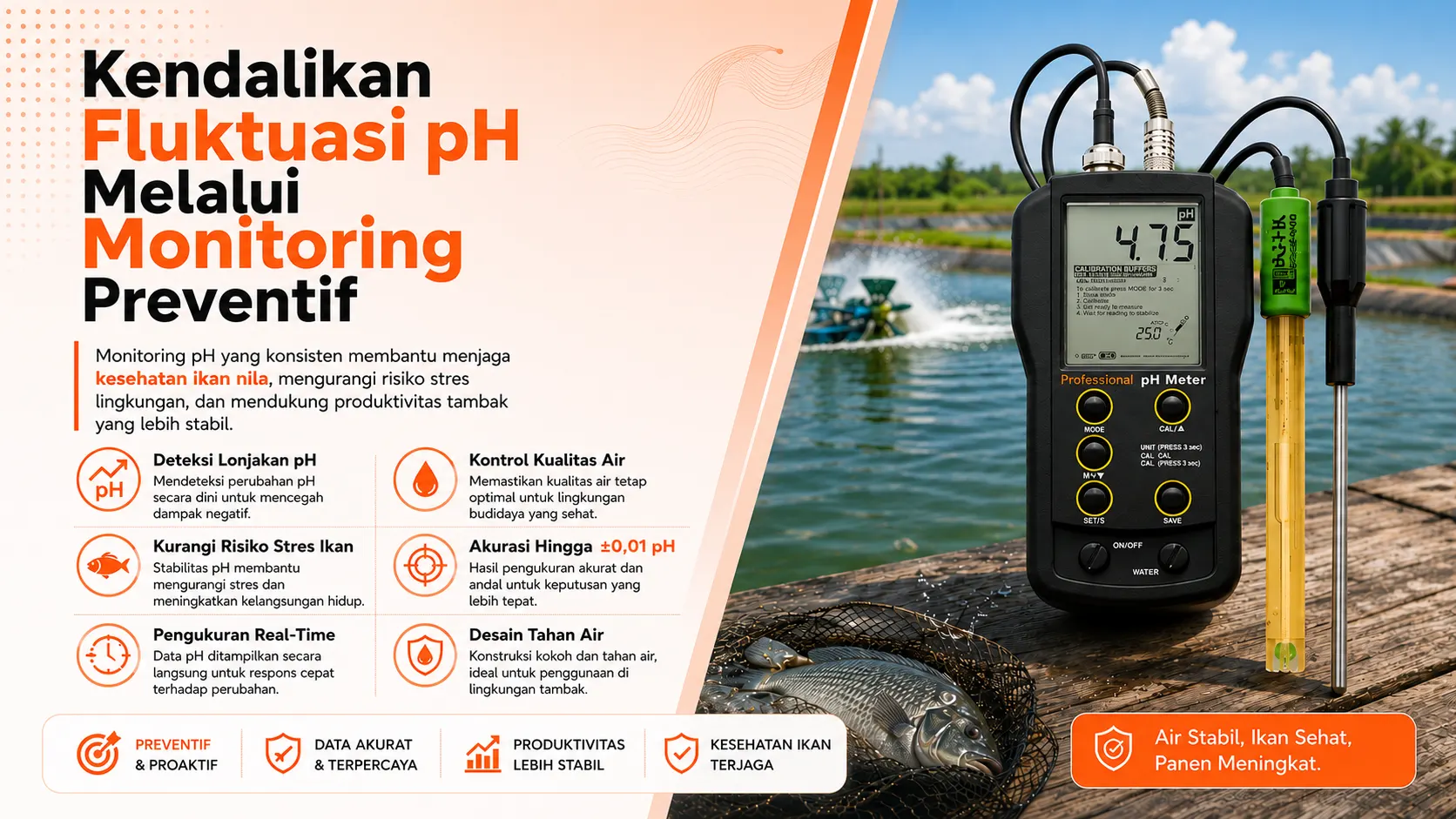 pH Meter Portabel HANNA HI83141-1 dengan elektroda HI1230B - alat ukur pH digital untuk tambak ikan nila