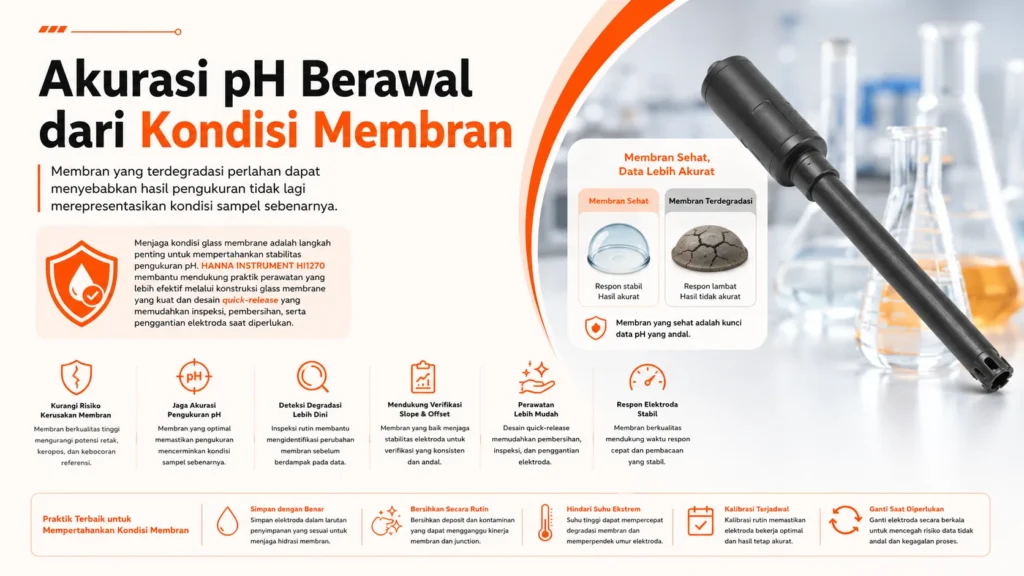 checklist untuk mencegah terjadinya degradasi glass membrane pada pH untuk mendapat hasil akurat menggunakan HANNA INSTRUMENT HI1270