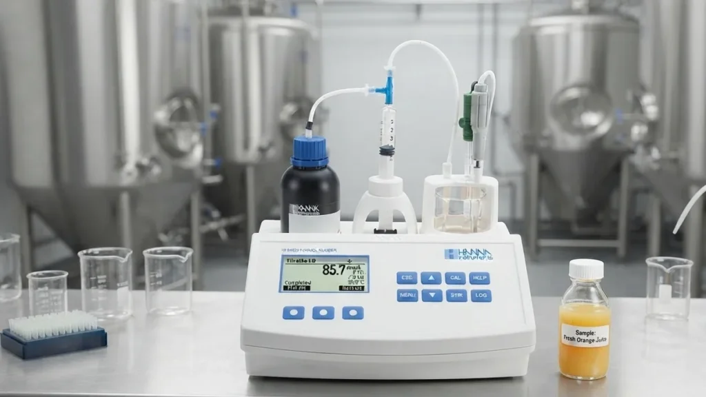 ruangan QC industri produksi jus buah mengontrol kadar asam-basa menggunakan titrator Hanna Instrument HI84533