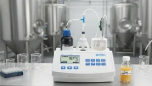 ruangan QC industri produksi jus buah mengontrol kadar asam-basa menggunakan titrator Hanna Instrument HI84533