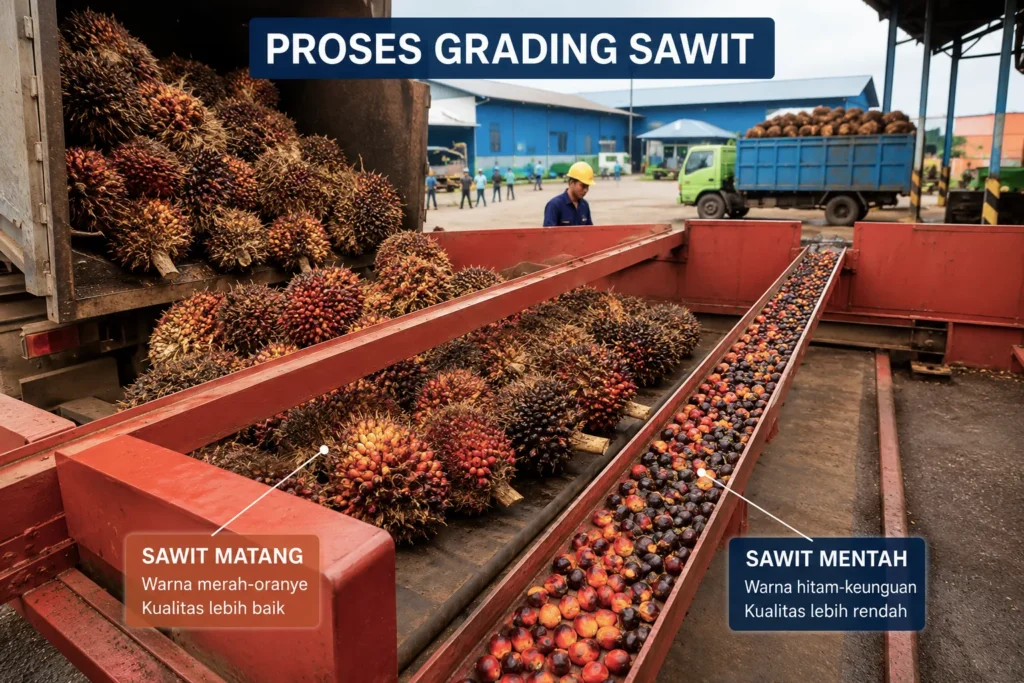 Proses grading buah kelapa sawit berdasarkan tingkat kematangan dengan perbedaan warna tandan sawit matang dan mentah di pabrik kelapa sawit.