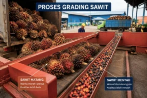 Proses grading buah kelapa sawit berdasarkan tingkat kematangan dengan perbedaan warna tandan sawit matang dan mentah di pabrik kelapa sawit.
