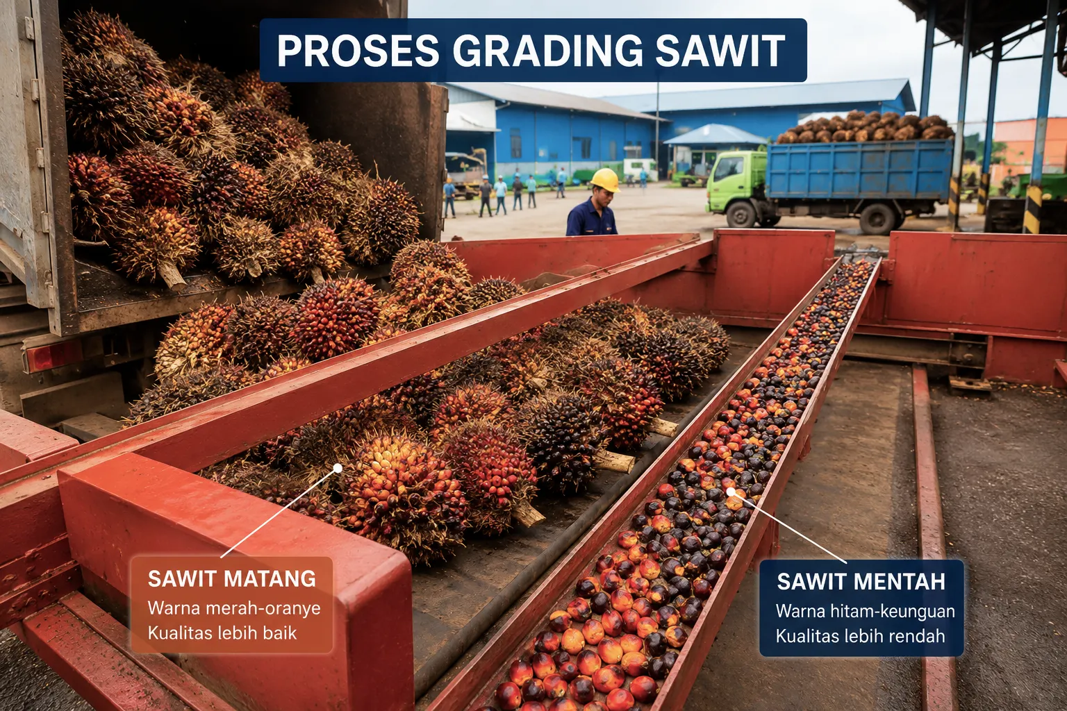 Proses grading buah kelapa sawit berdasarkan tingkat kematangan dengan perbedaan warna tandan sawit matang dan mentah di pabrik kelapa sawit.