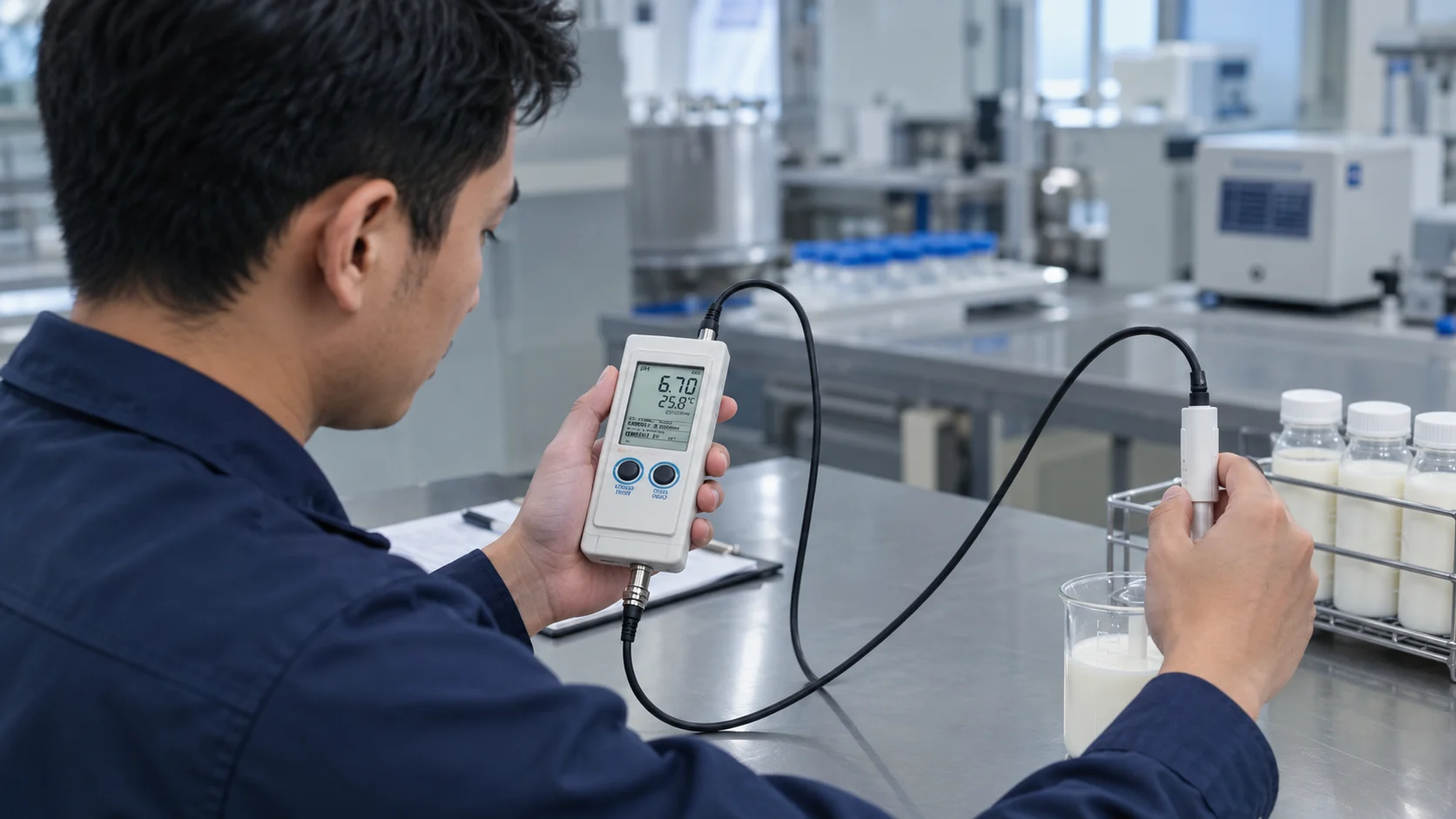 tim analis lab menggunakan alat ukur kadar pH pada industri produksi susu