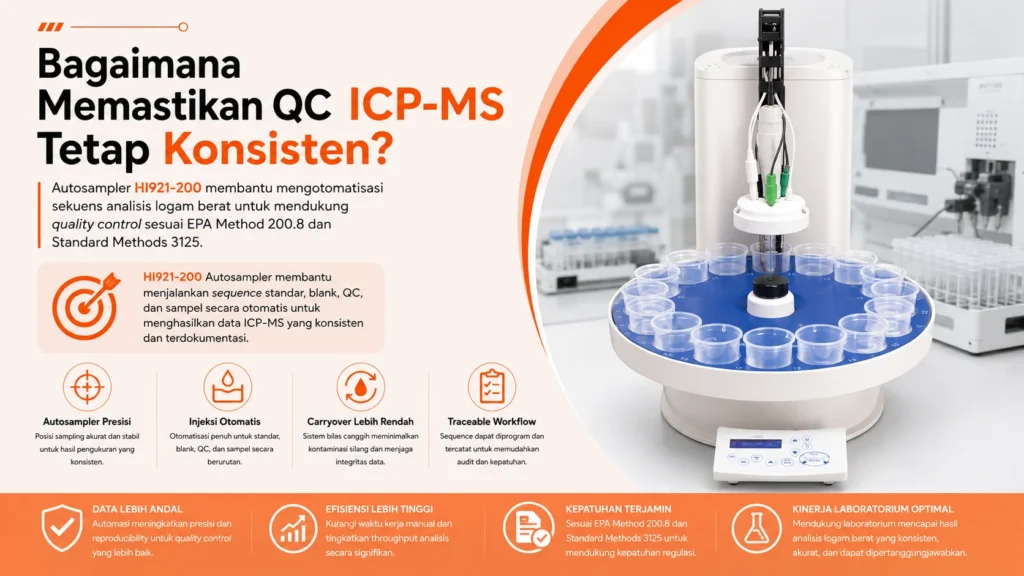 Autosampler HI921-200 membantu mengotomatisasi sekuens analisis logam berat untuk mendukung quality control sesuai EPA Method 200.8 dan Standard Methods 3125.