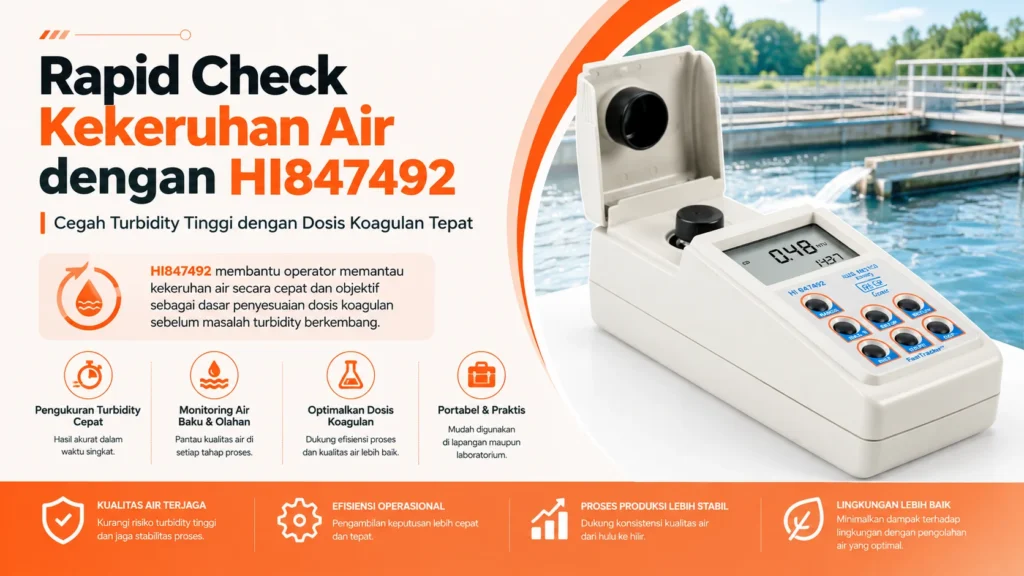 Rapid Check Kekeruhan Air Kolam Penampungan Air Industri dengan turbidity meter HI847492 untuk Cegah Turbidity Tinggi dengan Dosis Koagulan Tepat