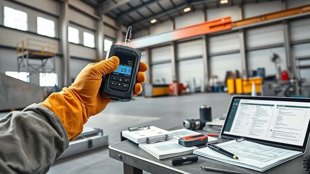 Digital dry film thickness gauge precisely measuring coating on a construction steel beam for quality control.