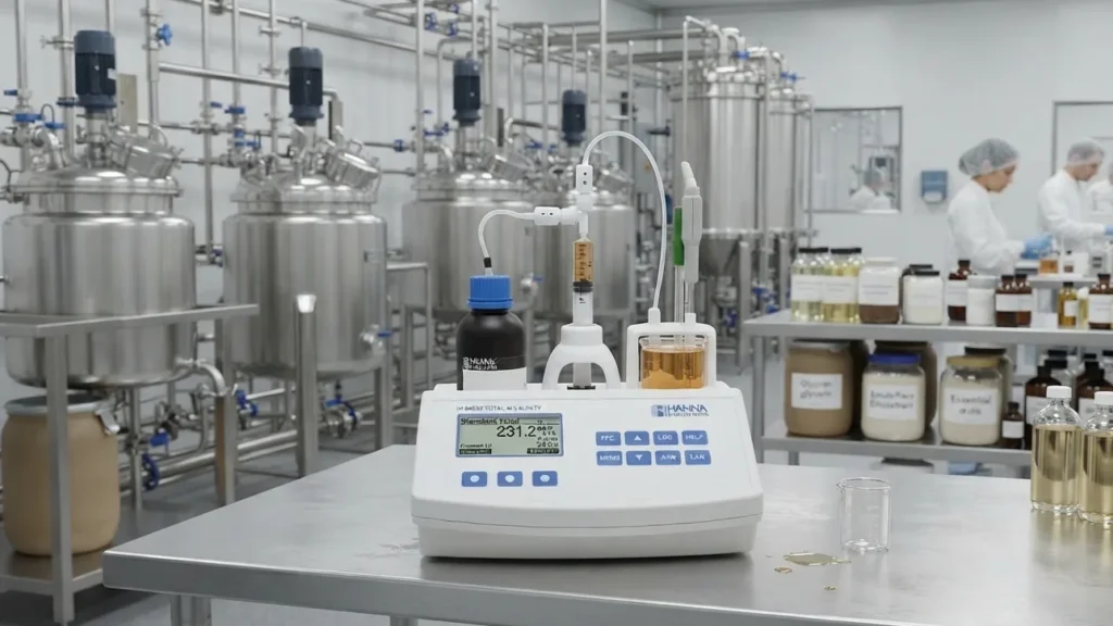 Alat Ukur Tritasi HANNA INSTRUMENT HI84533 di laboratorium produksi kosmetik untuk mengontrol alkalinitas air mengukur tingkat keasaman (asiditas) atau kebasaan (alkalinitas) suatu produk.