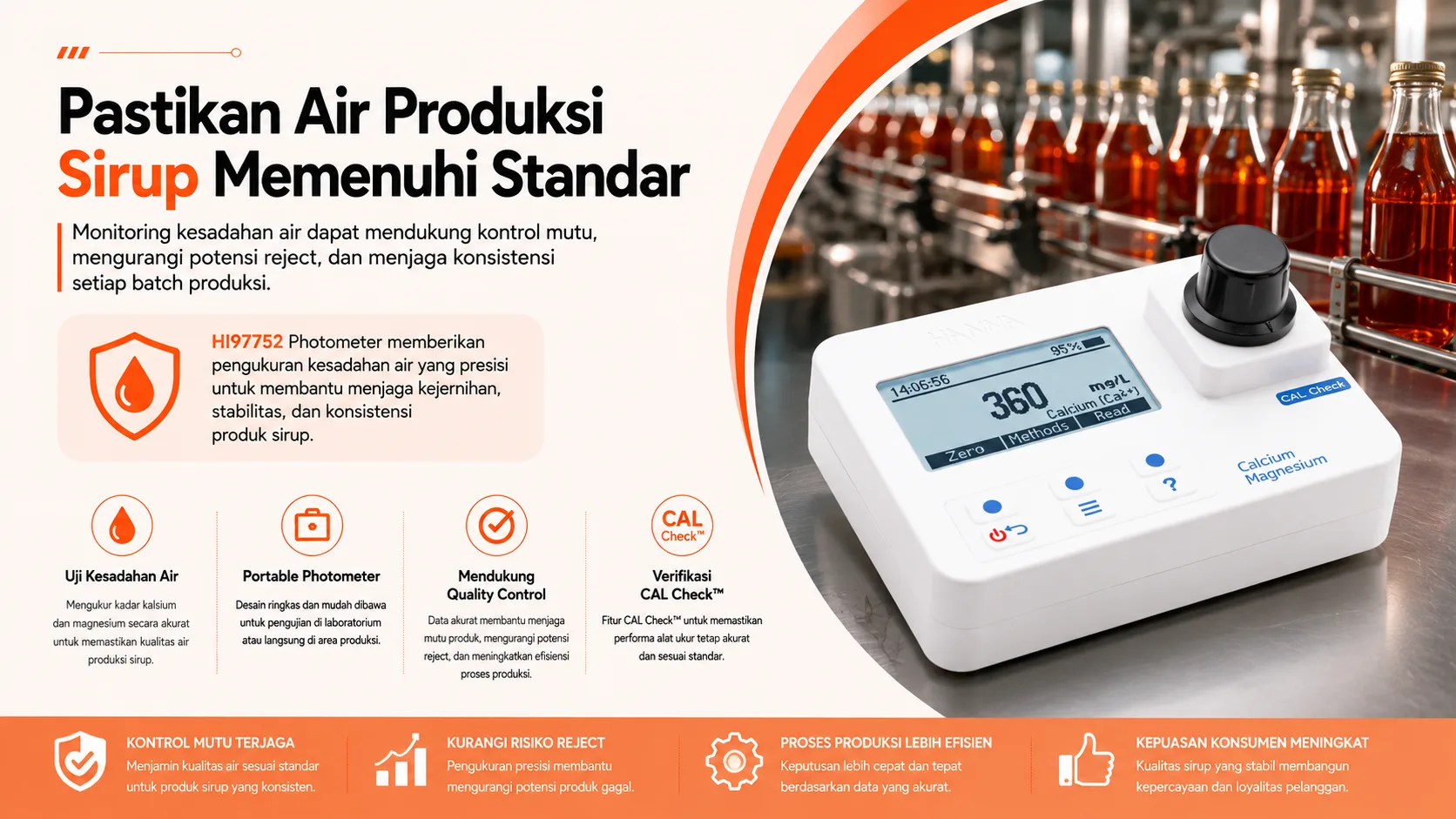 Pastikan Air Produksi Sirup Memenuhi Standar HI97752 Photometer memberikan pengukuran kesadahan air yang presisi untuk membantu menjaga kejernihan, stabilitas, dan konsistensi produk sirup.