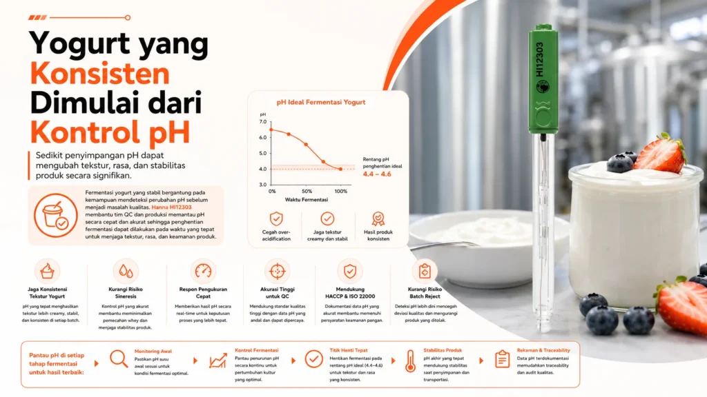 panduan kontrol tingkat pH dalam produksi yogurt menggunakan alat ukur pH akurat HI12303 untuk mencegah terjadinya fluktuasi pH
