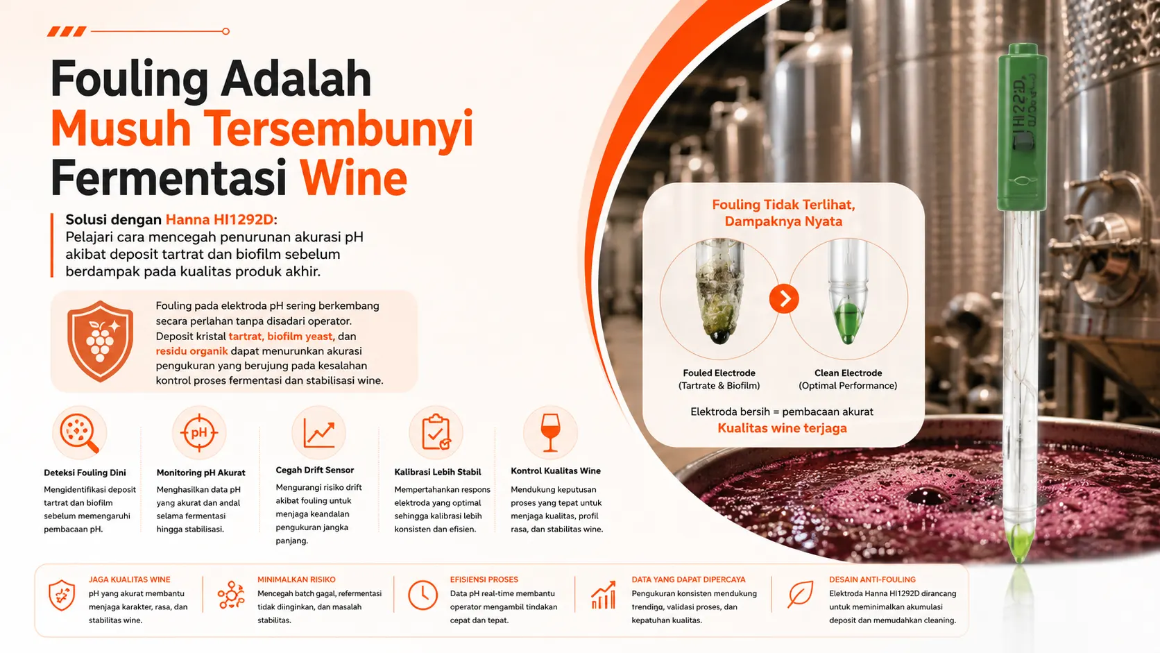 prosedur perawatan pH mencegah terjadinya fouling dan mendukung kualitas fermentasi wine