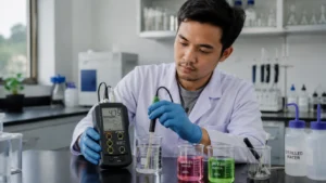 pH meter portable HANNA HI83141-1 dengan elektroda HI1230B - tampilan alat dan elektroda pada latar putih