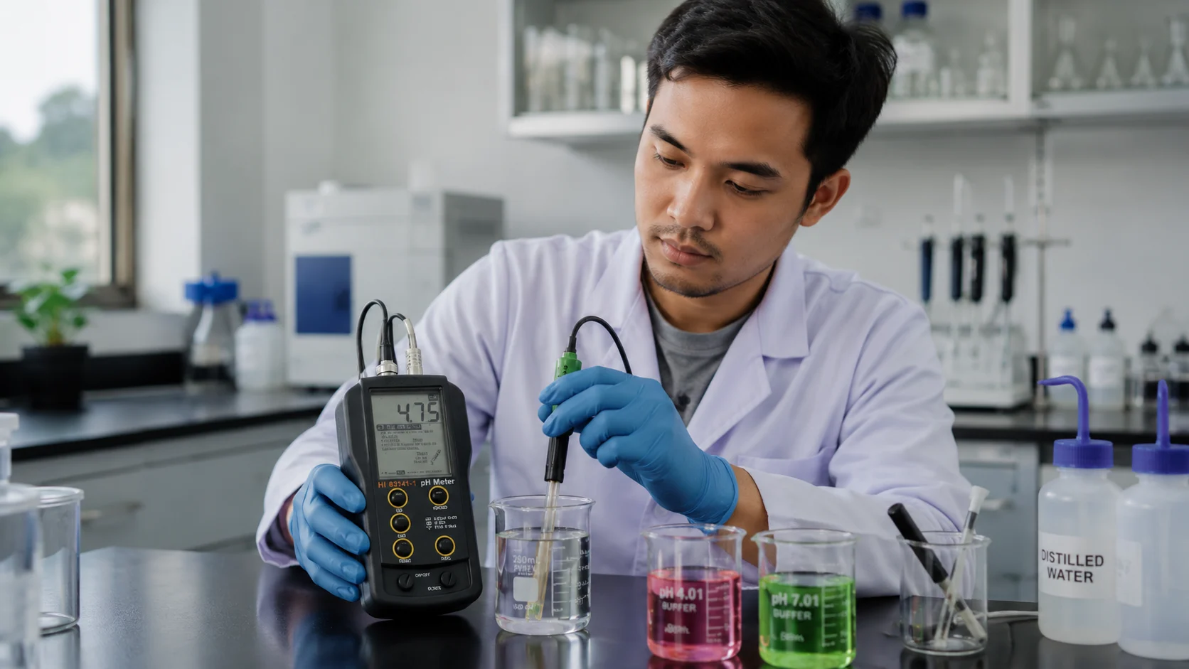 pH meter portable HANNA HI83141-1 dengan elektroda HI1230B - tampilan alat dan elektroda pada latar putih