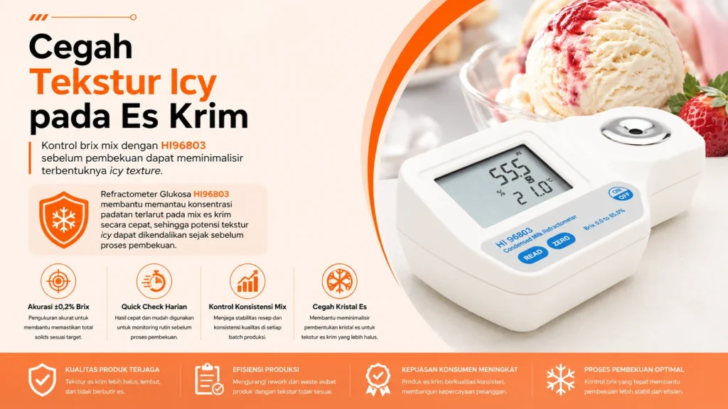 Kontrol brix mix dengan HI96803 sebelum pembekuan dapat meminimalisir terbentuknya icy texture pada es krim