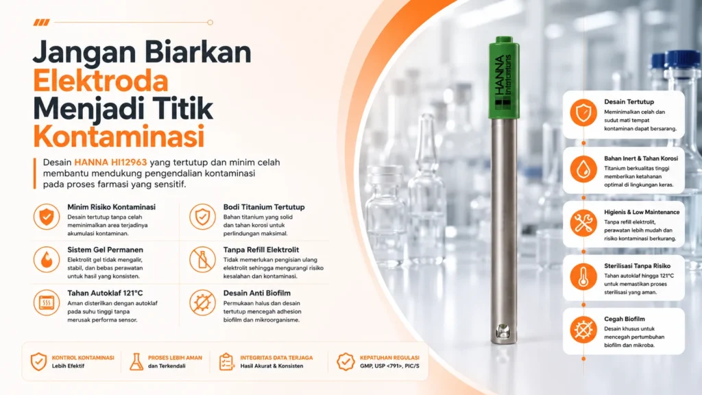 Alat Ukur pH HANNA INSTRUMENT HI12963 - Elektroda titanium untuk aplikasi steril farmasi