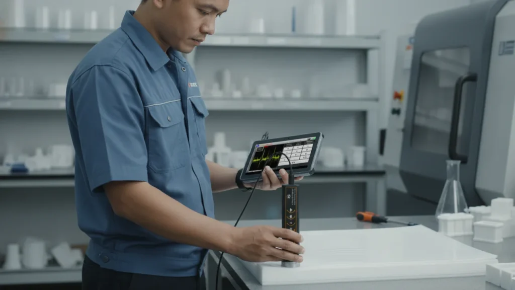 Alat Pengukur Ketebalan NOVOTEST UT-3K-EMA - perangkat ultrasonik dengan layar digital dan probe untuk mengukur ketebalan plastik presisi
