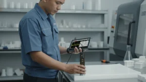 Alat Pengukur Ketebalan NOVOTEST UT-3K-EMA - perangkat ultrasonik dengan layar digital dan probe untuk mengukur ketebalan plastik presisi