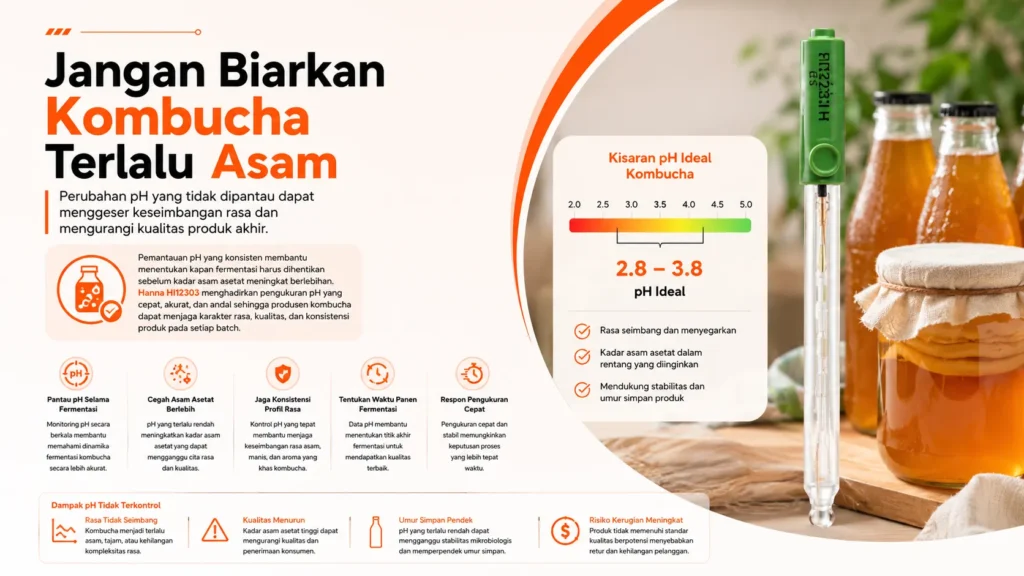 monitoring pH kombucha menggunakan Hanna HI12303 agar terhindar dari risiko asam asetat