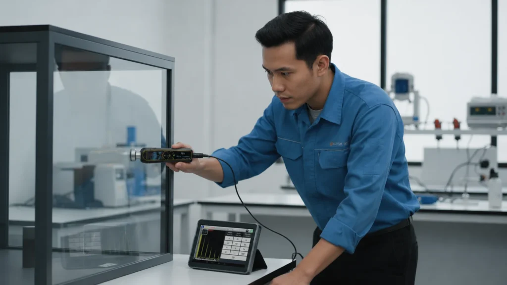 NOVOTEST UT-3K-EMA alat pengukur ketebalan kaca ultrasonik - tampilan perangkat dengan layar digital dan probe