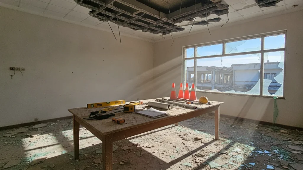 retakan beton di dinding ruangan bangunan semi-rusak pasca gempa, dengan alat inspeksi di atas meja berdebu dan sinar matahari masuk lewat jendela pecah, mencerminkan situasi pemulihan pasca gempa Palu dan dampaknya pada aktivitas warga.