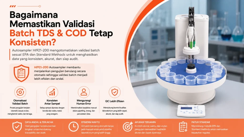 Autosampler HI921-200 mengotomatiskan validasi batch tds dan cod sesuai EPA dan Standard Methods untuk menghasilkan data yang konsisten, akurat, dan siap audit.