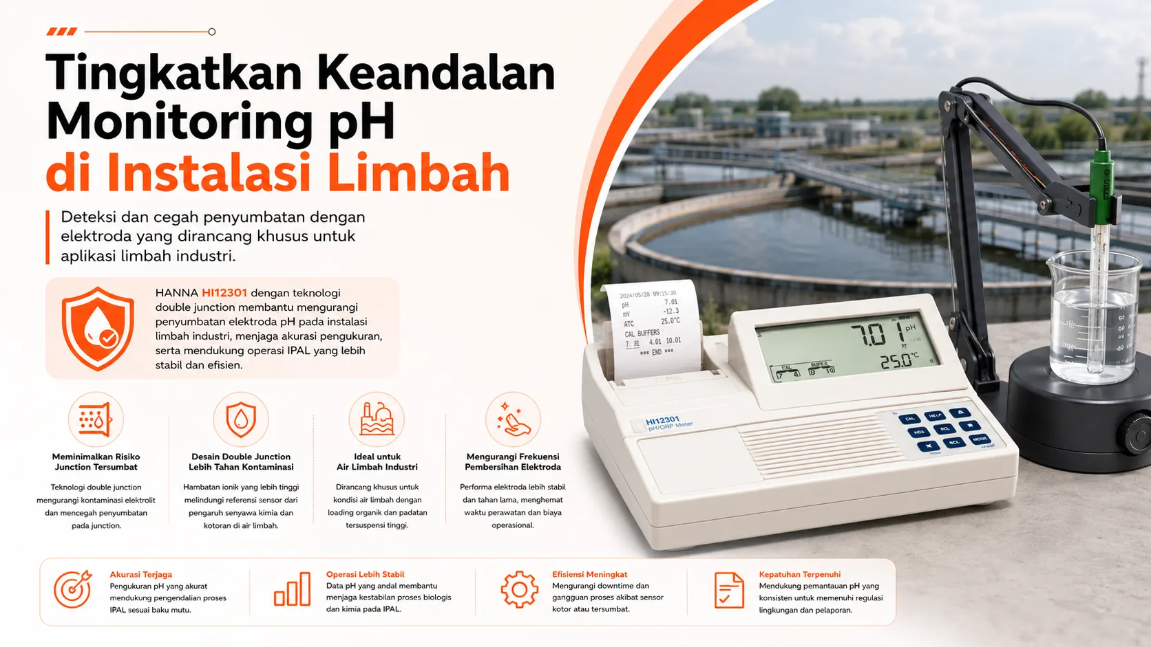 solusi untuk mencegah terjadinya Junction Elektroda pH Sering Tersumbat Pada Instalasi Limbah Industri menggunakan HANNA INSTRUMENT HI12301