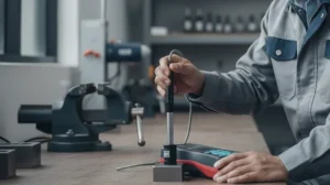 Alat Ukur Kekerasan NOVOTEST T-D3 - perangkat portabel pengukur kekerasan dengan layar LCD dan probe.