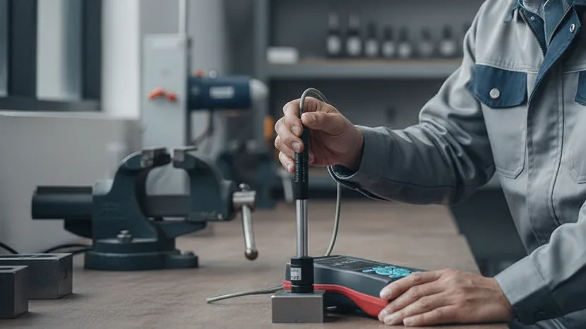 Alat Ukur Kekerasan NOVOTEST T-D3 - perangkat portabel pengukur kekerasan dengan layar LCD dan probe.