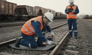 Inspeksi rel kereta pasca gempa menggunakan alat ukur NDT dan flaw detector untuk mendeteksi retak struktural dan kelelahan material.