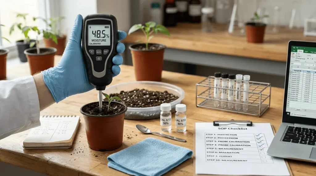 Moisture meter pertanian otentik di meja kayu pedesaan, siap untuk panduan praktikum.