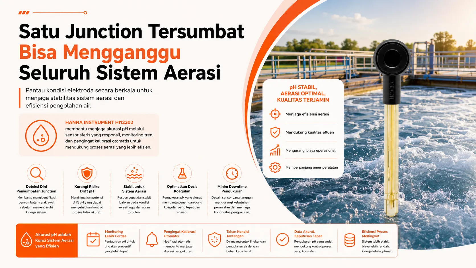 solusi untuk mencegah terjadinya penyumbatan junction pada area sistem aerasi melalui kontrol pH menggunakan Hanna HI12303
