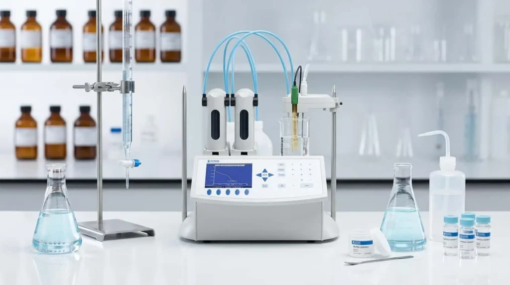 Alat Titrasi Potensiometri Otomatis Hanna HI902C - instrumen laboratorium dengan layar digital dan lengan titrasi.