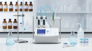 Alat Titrasi Potensiometri Otomatis Hanna HI902C - instrumen laboratorium dengan layar digital dan lengan titrasi.