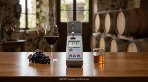Alat Ukur Intensitas Cahaya Larutan HANNA INSTRUMENT HI83746 - Photometer digital untuk analisis gula wine dengan layar dan tempat kuvet.