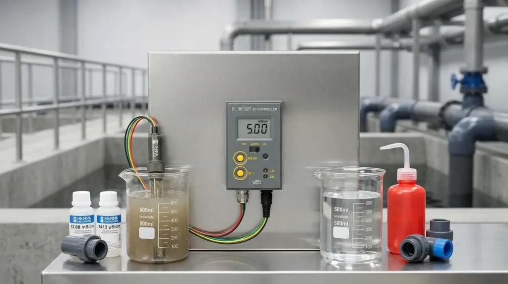 Alat Ukur Konduktivitas HANNA INSTRUMENT BL983327 - Tampak depan alat dengan layar digital dan probe.