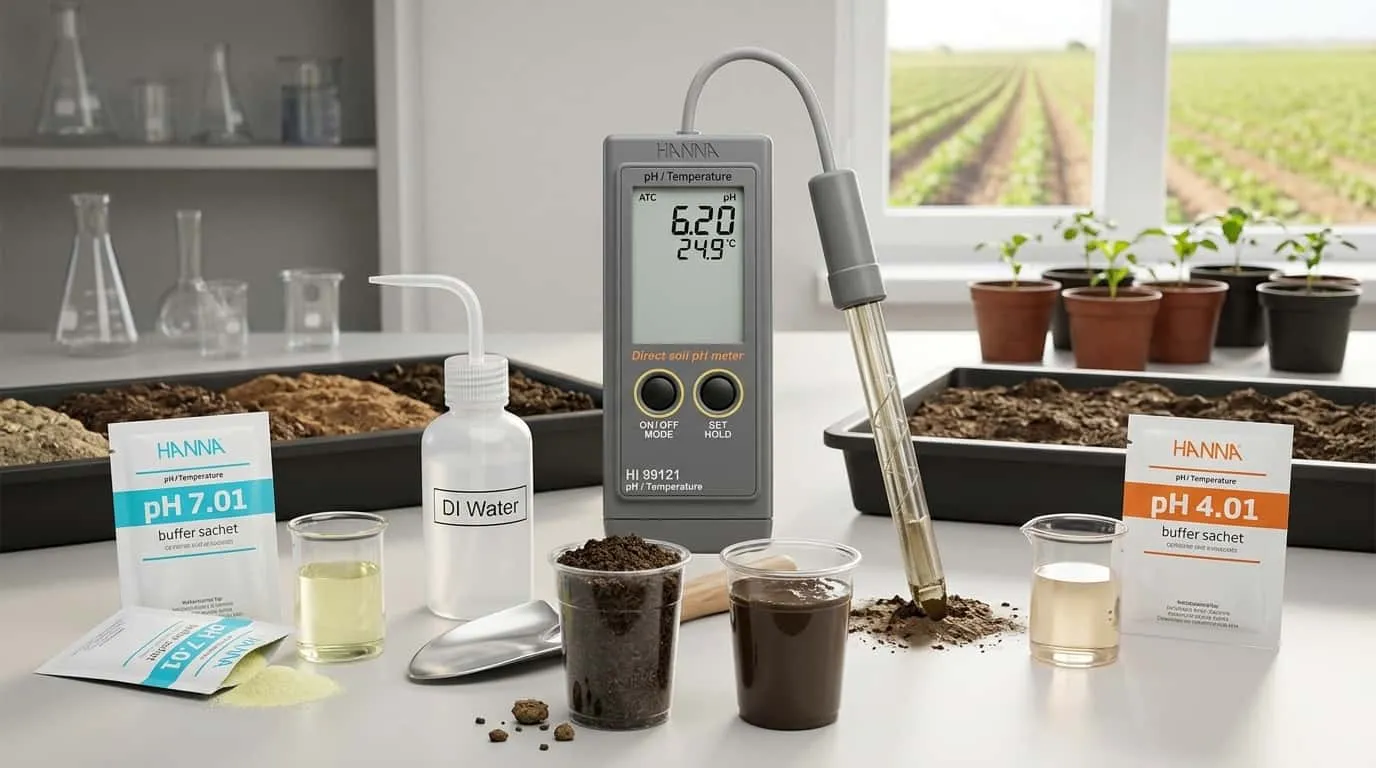 HANNA HI99121 pH Meter Tanah - alat ukur portabel dengan probe tanah dan botol larutan buffer kalibrasi