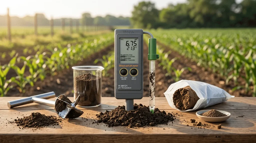 pH Meter Tanah HANNA HI99121 - perangkat portabel dengan probe dan layar digital untuk mengukur pH tanah