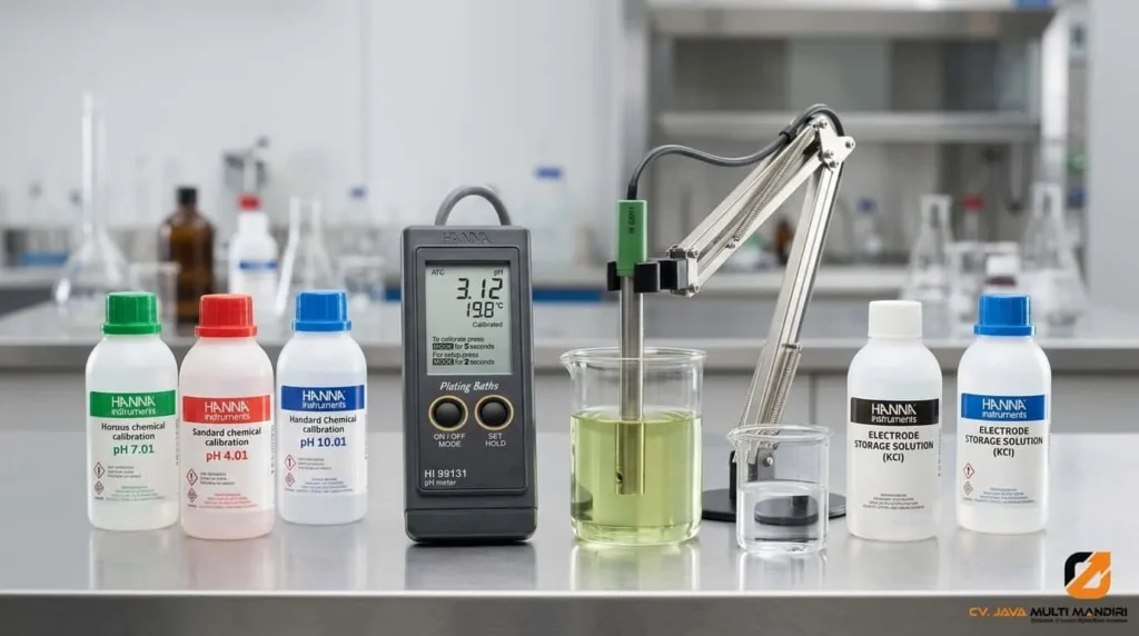 Plating pH Portable Meter HANNA INSTRUMENT HI99131 - tampak alat genggam dengan elektroda pH dan layar LCD