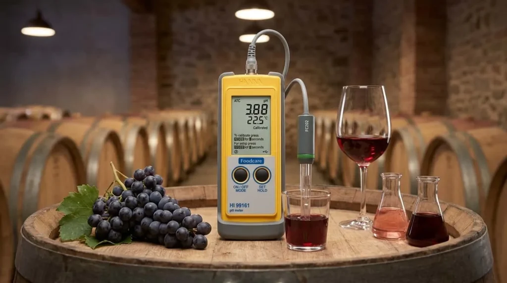 HANNA HI99161 pH Meter - Alat ukur pH portabel dengan probe, menampilkan pH fermentasi wine 3,0-4,0