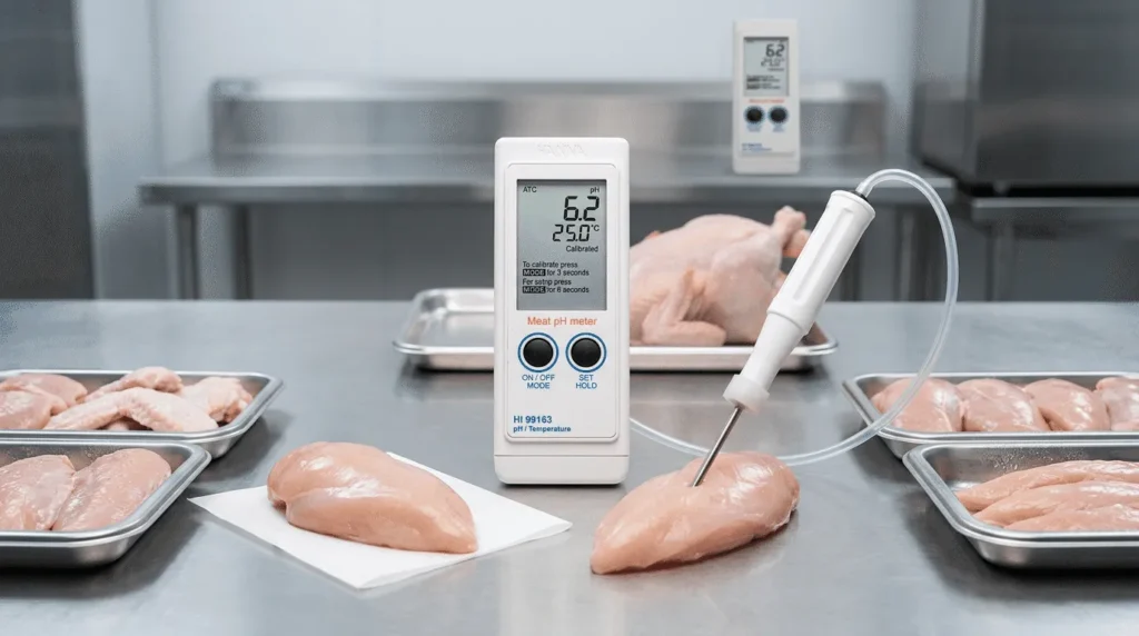 Meat pH Meter HI99163 - alat ukur pH daging portabel dengan layar digital dan probe, untuk deteksi PSE dan DFD daging ayam