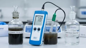 pH Meter Portabel HANNA HI99171 untuk kulit dan kertas - tampak depan dengan layar digital dan elektroda